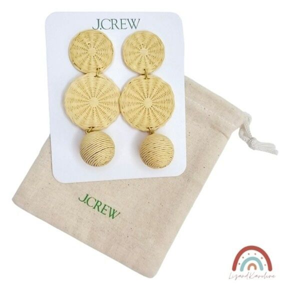 New! J. Crew Raffia Straw Bohemian Tripe Drop Natural Earrings - Picture 3 of 7